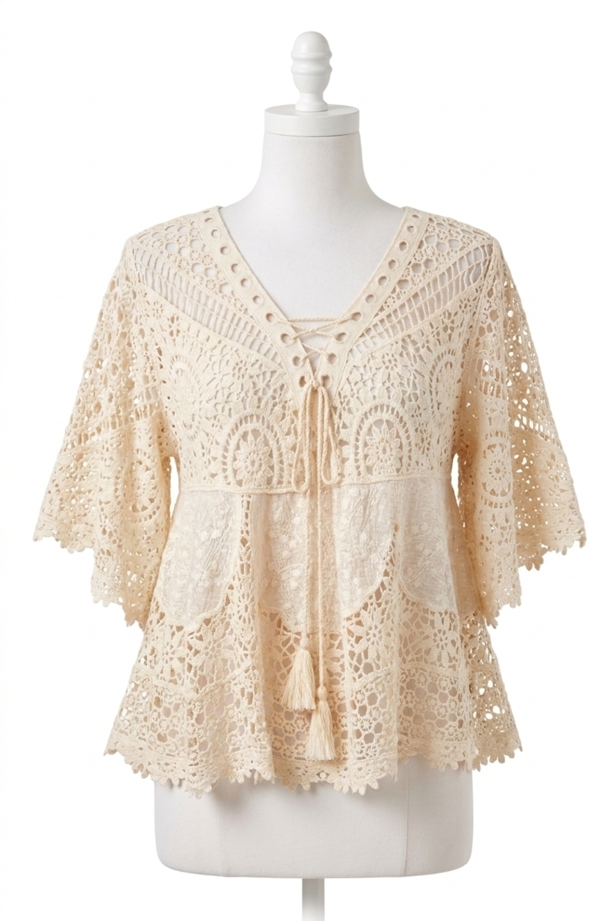 NEW BLUIVY boho sheer crochet lace top with tassels in natural